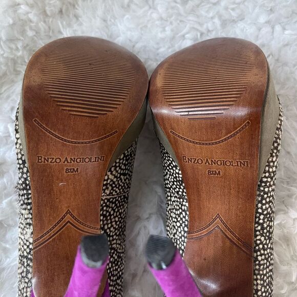 Enzo Angiolini leather calf hair beige and brown platform mauve suede heelsSZ8.5 - Picture 9 of 10